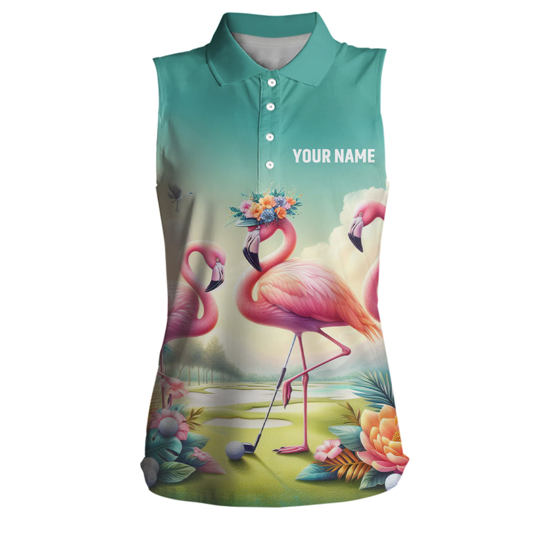 Pink Flamingo Tropical Womens Sleeveless Polo Shirts Custom Name Golf Shirts For Women Golf Gifts LDT1306