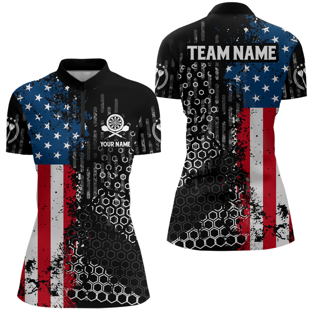 American Flag Hive Pattern Darts Quarter Zip Shirt Custom Patriotic Darts Jersey For Women LDT1464