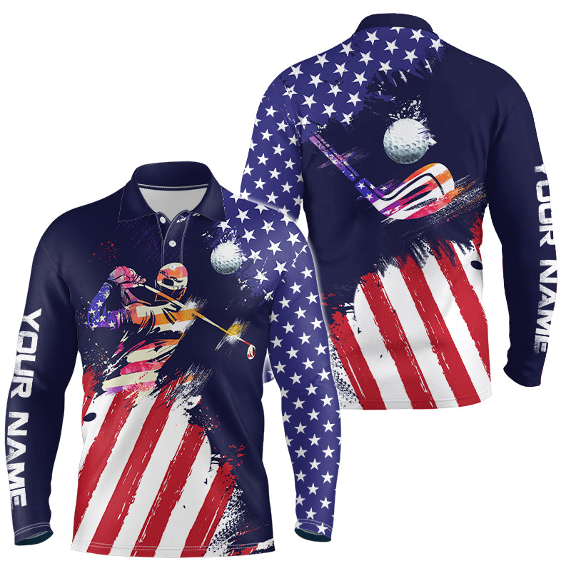 Watercolor American Flag Mens Golf Polo Shirts, Personalized Patriotic Golf Shirts For Men LDT0106