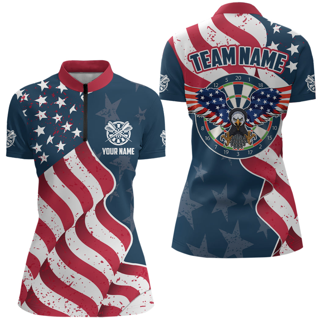 Custom Eagle Waving American Flag Darts Quarter-Zip Shirt Patriotic Dart Jersey For Women LDT0360