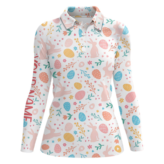 Colorful Easter Eggs & Bunnies Womens Golf Polo Shirt Custom Easter Funny Golf Tops For Women LDT1339