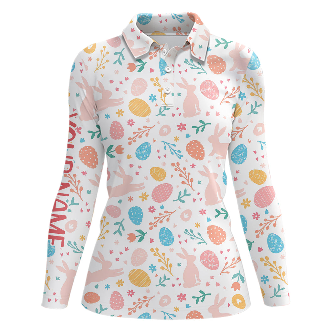 Colorful Easter Eggs & Bunnies Womens Golf Polo Shirt Custom Easter Funny Golf Tops For Women LDT1339