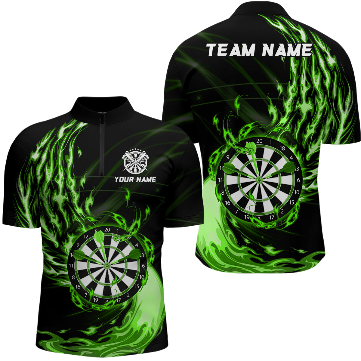 Green Fire Dartboard Mens Darts Quarter Zip Shirt Custom Darts Shirt For Men Dart Jerseys LDT1473