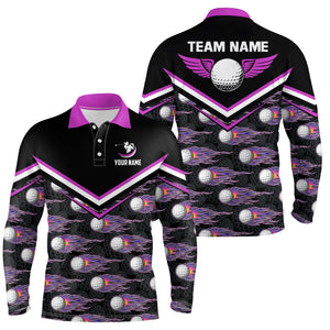 Fire Golf Ball Flames Mens Golf Polo Shirts, Personalized Pink Golf Shirts For Men, Golfing Gifts LDT0129