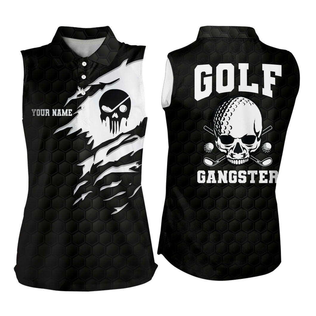 Golf Gangster Skull Sleeveless Polo Shirt Custom Black White Golf Pattern Scary Golf Shirts For Women LDT0373