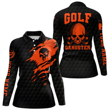 Load image into Gallery viewer, Golf Gangster Skull Polo Shirt Custom Black Orange Golf Pattern Scary Golf Shirts For Women LDT0374