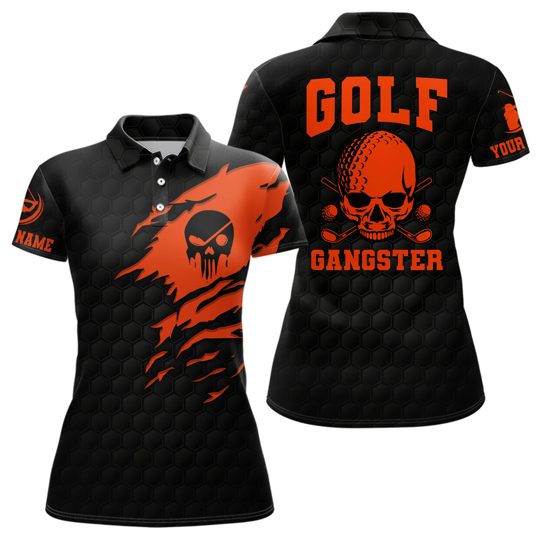 Golf Gangster Skull Polo Shirt Custom Black Orange Golf Pattern Scary Golf Shirts For Women LDT0374
