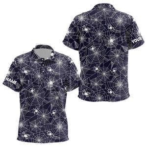 Spooky White Spiders On Cobweb Navy Halloween Golf Polo Shirts Custom Golf Gifts For Kid LDT0376