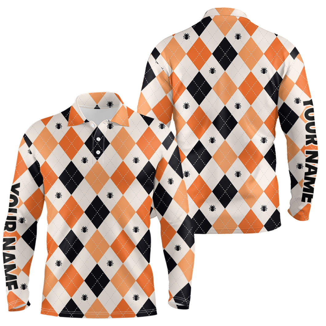 Halloween Argyle Plaid With Spider Mens Golf Polo Shirts Orange Black Golf Shirts For Men LDT0378