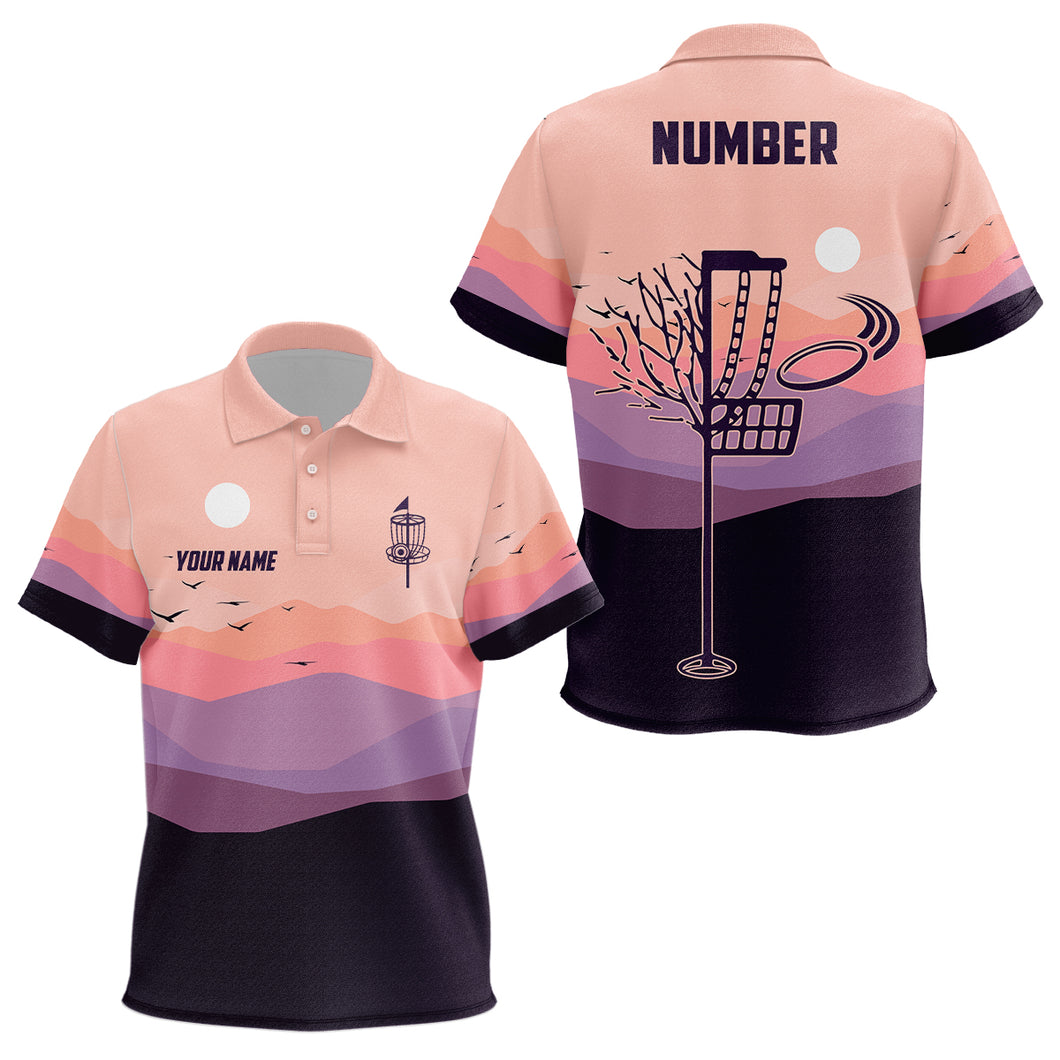 Flat Mountain Sunset Landscape Kids Disc Golf Polo Shirts Custom Disc Golf Shirt For Kid LDT0691