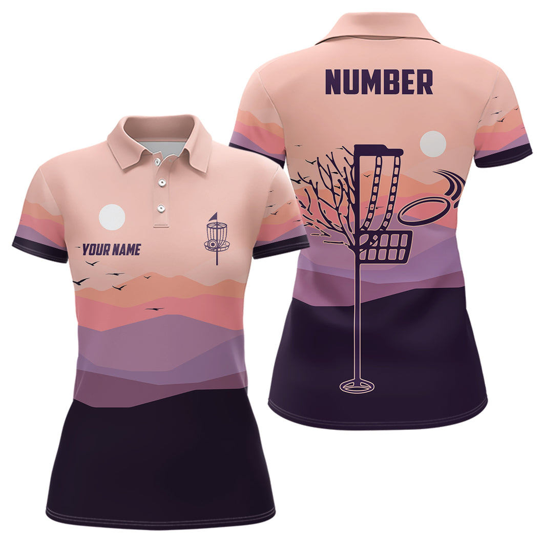 Flat Mountain Sunset Landscape Womens Disc Golf Polo Shirts Custom Disc Golf Shirt For Women LDT0691