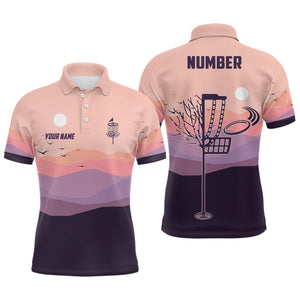 Flat Mountain Sunset Landscape Mens Disc Golf Polo Shirts Custom Disc Golf Shirt For Men LDT0691