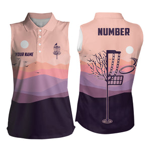 Flat Mountain Sunset Landscape Disc Golf Women Sleeveless Polo Shirt Custom Disc Golf Shirt For Women LDT0691