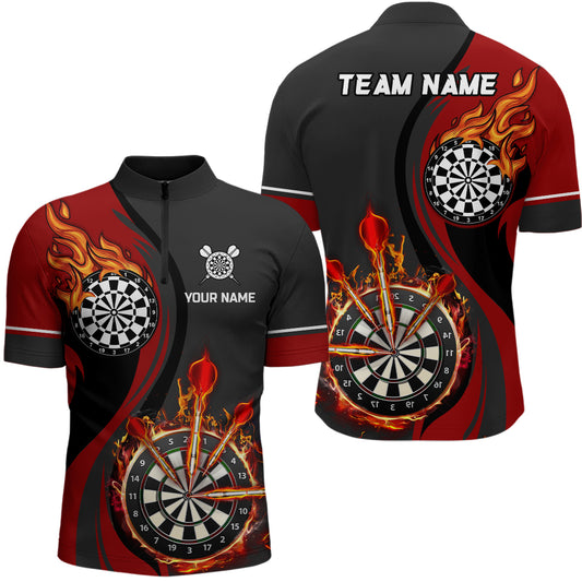 Red Fire Flame Mens Darts Quarter Zip Shirt Custom Dart Shirts For Men Dart Jerseys LDT1475