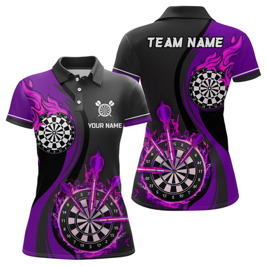 Purple Fire Flame Womens Darts Polo Shirt Custom Dart Shirts For Women Dart Jerseys LDT1477