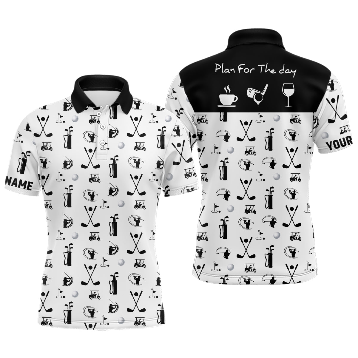 Black White Plan For The Day Golf Icons Polo Shirt Custom Golf Shirts For Men Golf Gifts LDT0392