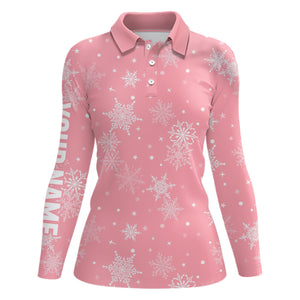 Snowflakes Christmas Golf Polo Shirt Custom Name Pink Golf Shirts For Women Cute Golf Gifts LDT0921