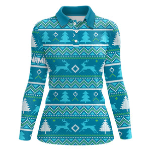 Blue Knitted Christmas Trees Golf Polo Shirts Personalized Winter Xmas Golf Outfits For Women LDT0922