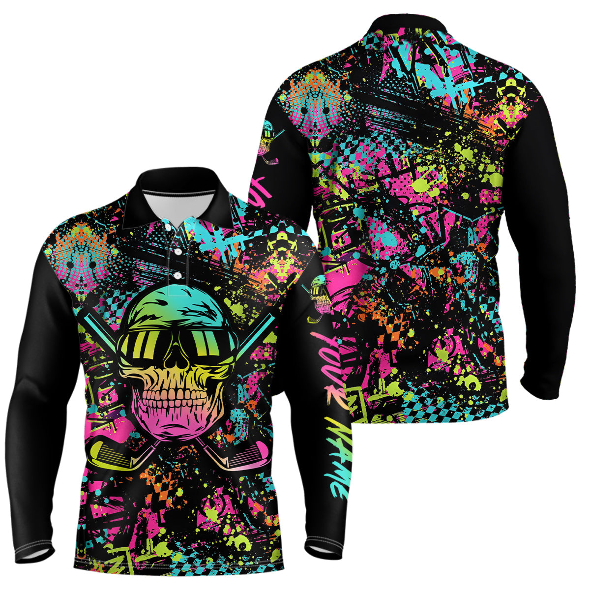 Skull Graffiti Mens Golf Polo Shirts, Custom Colorful Skull Golf Shirts For Men, Best Golf Gifts LDT0138