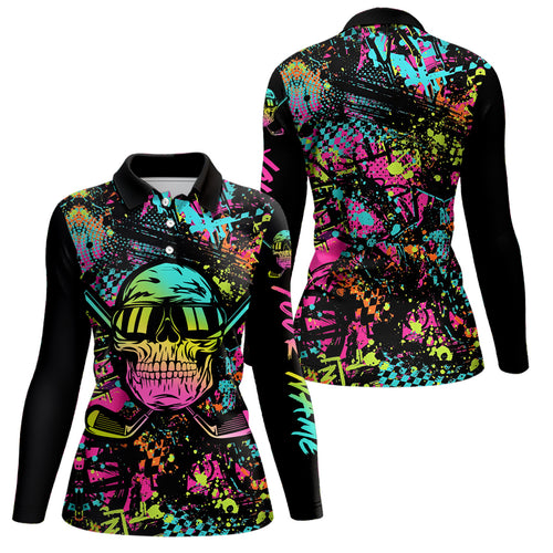 Skull Graffiti Womens Golf Polo Shirts, Custom Colorful Skull Golf Shirts For Women, Best Golf Gifts LDT0138