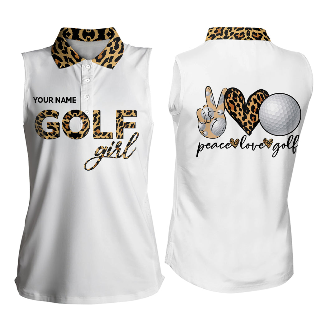 Leopard Golf Girl Peace Love Golf Women Sleeveless Polo Shirt Custom Golf Shirts For Women Golf Gifts LDT0405