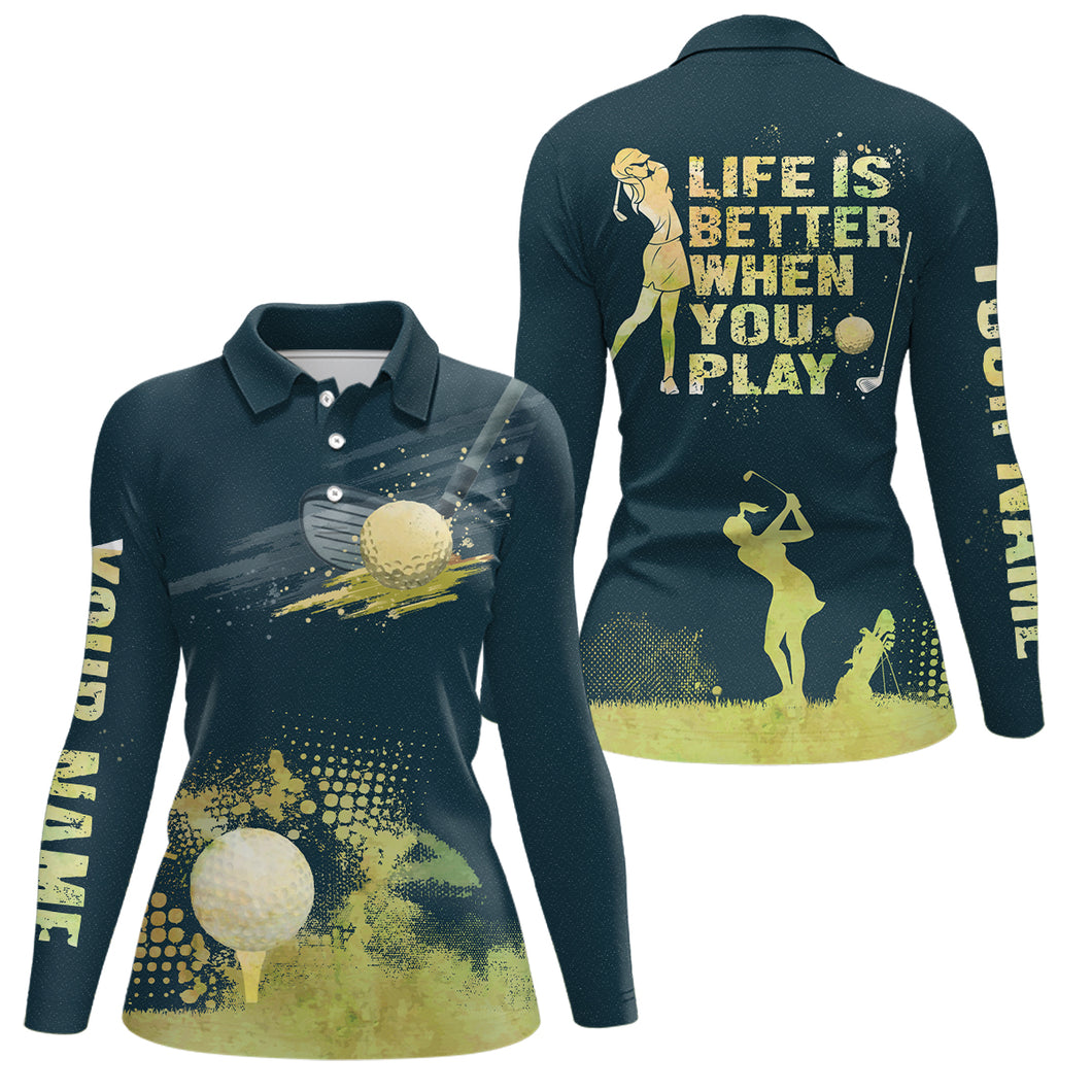 Womens Golf Artistic Wet Paint Polo Shirt, Dark Green Golf Shirts For Womens, Golfing Gifts LDT0143