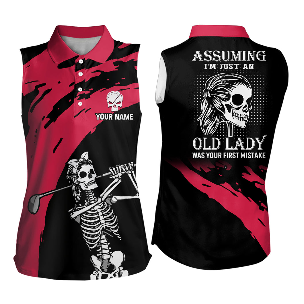 Red And Black Womens Sleeveless Skull Golf Polo Shirts Custom Golf Polos For Women, Crazy Golf Gifts LDT0152