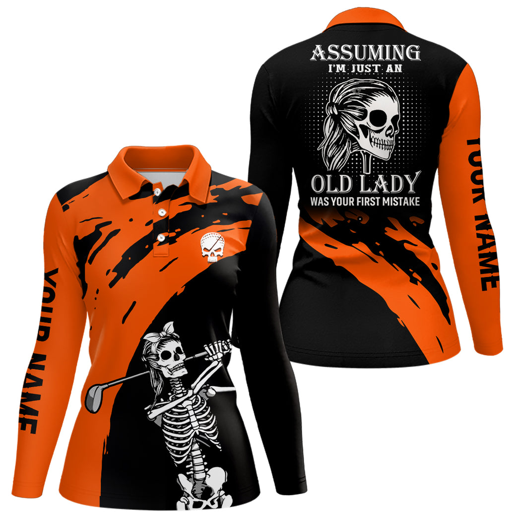 Orange And Black Womens Skull Golf Polo Shirt Custom Golf Polos For Women Halloween Golf Gift LDT0153