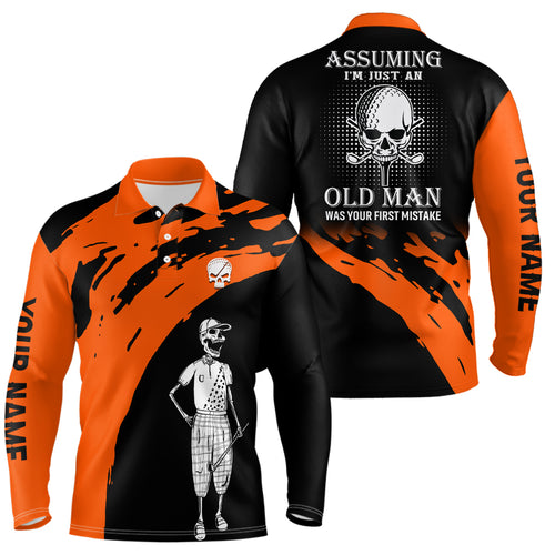 Orange And Black Mens Skull Golf Polo Shirts, Custom Golf Polos For Men, Halloween Golf Gifts LDT0153