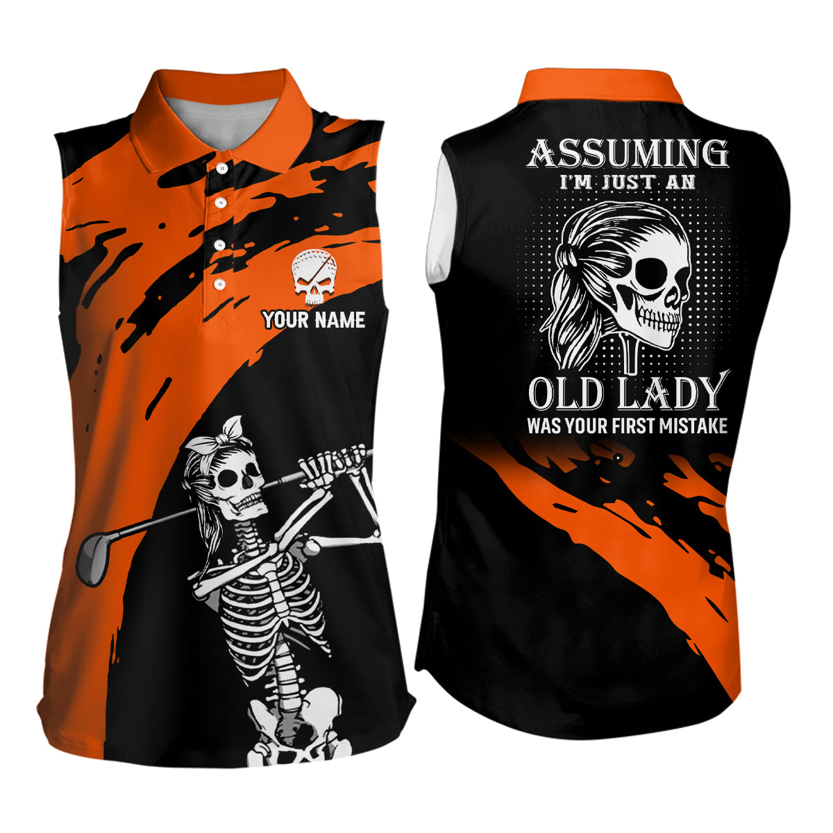 Orange And Black Womens Sleeveless Skull Golf Shirt Custom Golf Polos ...