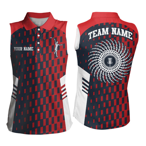 Womens Sleeveless Disc Golf Polo Shirt Red Navy Checkered Custom Disc Golf Shirt For Women Golf Gift LDT0725
