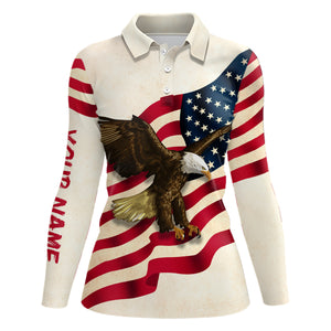 Retro Waving American Flag Golf Polo Shirt Eagle Golf Shirts For Women Patriotic Golf Tops LDT0954