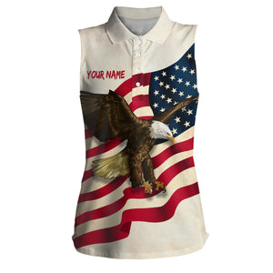 Retro Waving American Flag Womens Sleeveless Polo Shirt Eagle Women Golf Shirts Patriotic Golf Tops LDT0954