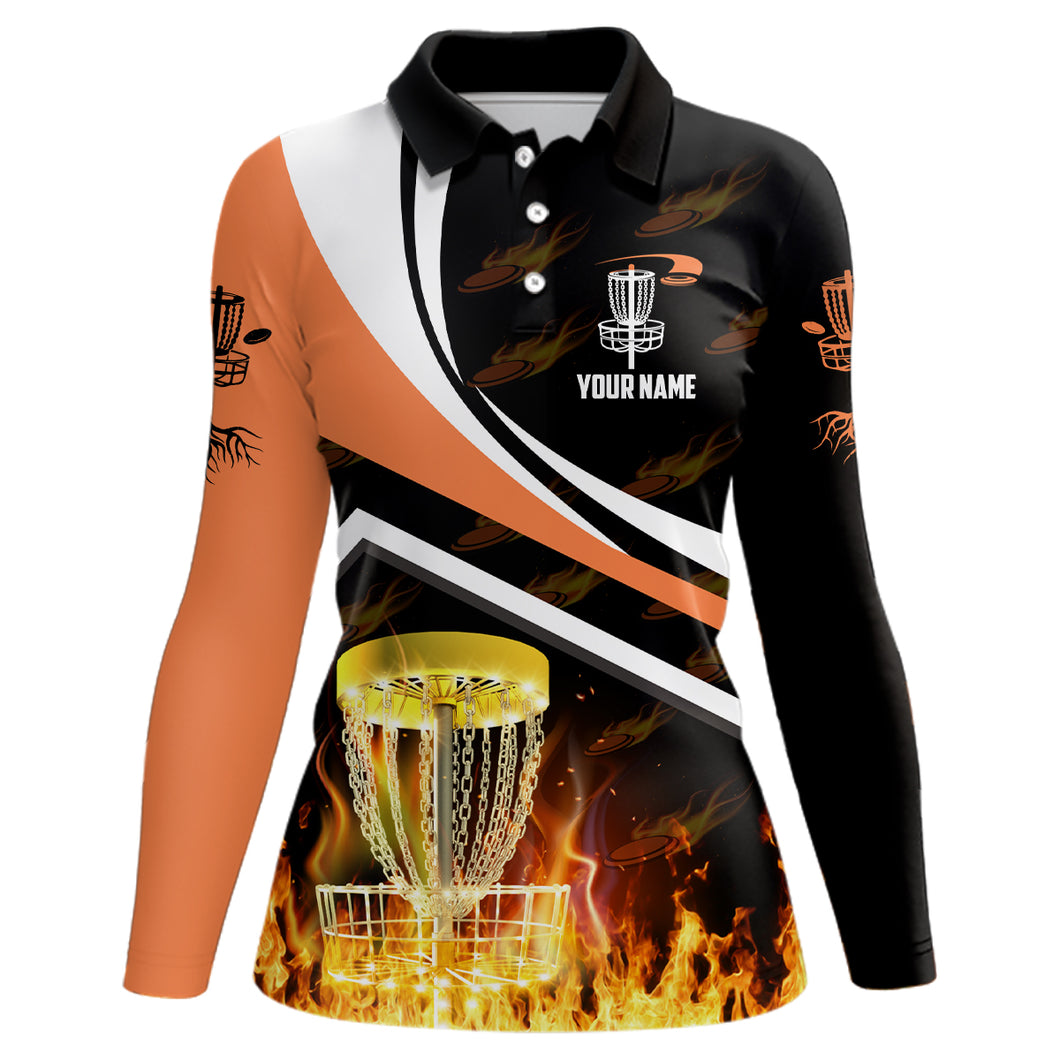 Personalized Disc Golf Fire Flame Orange Style Custom Golf Shirts For Women, Disc Golf Gifts LDT0171