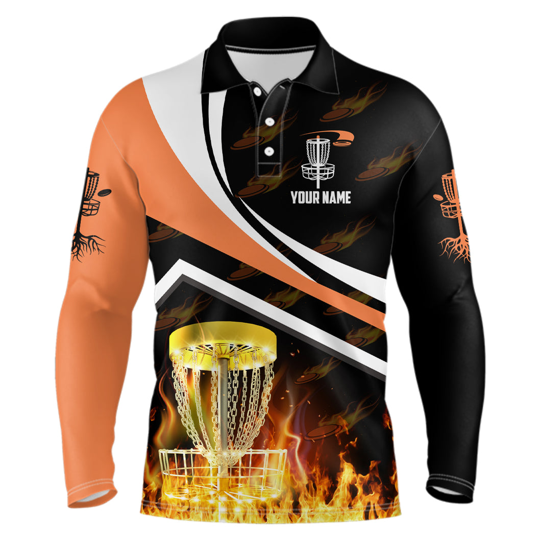 Personalized Disc Golf Fire Flame Orange Style Custom Golf Shirts For Men, Disc Golf Gifts LDT0171