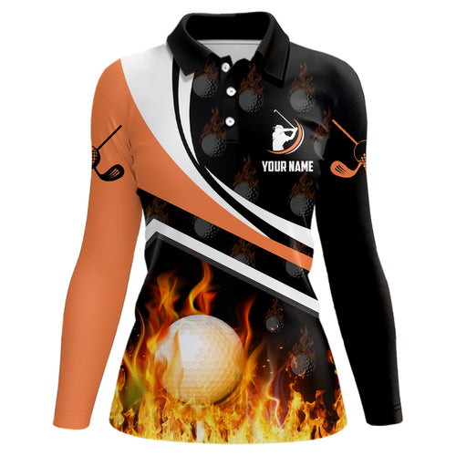 Personalized Womens Golf Ball Fire Flame Orange Style Custom Golf Shirts For Women, Golf Gift LDT0172