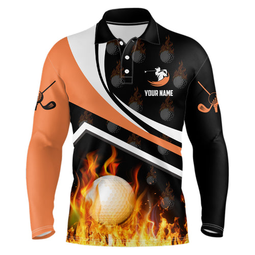 Personalized Mens Golf Ball Fire Flame Orange Style Custom Golf Shirts For Men, Golf Gifts LDT0172