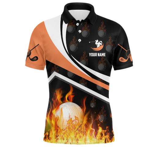 Personalized Mens Golf Ball Fire Flame Orange Style Custom Golf Shirts For Men, Golf Gifts LDT0172