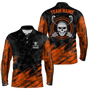 Personalized 3D All Over Print Skull Mens Golf Polo Shirt, Orange & Black Golf Shirts For Men LDT0178