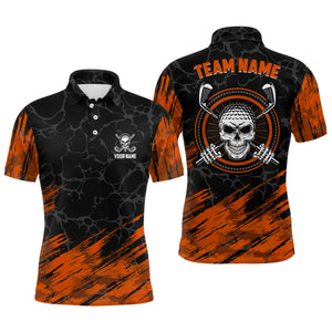 Personalized 3D All Over Print Skull Mens Golf Polo Shirt, Orange & Black Golf Shirts For Men LDT0178