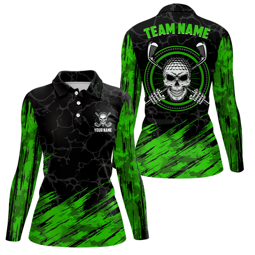 Personalized 3D All Over Print Skull Womens Golf Polos, Green & Black Golf Shirts For Women LDT0179
