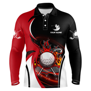 Mens Fire Flame Golf Polo Shirts Personalized Red And Black Golf Shirts For Men, Best Golf Gifts LDT0174