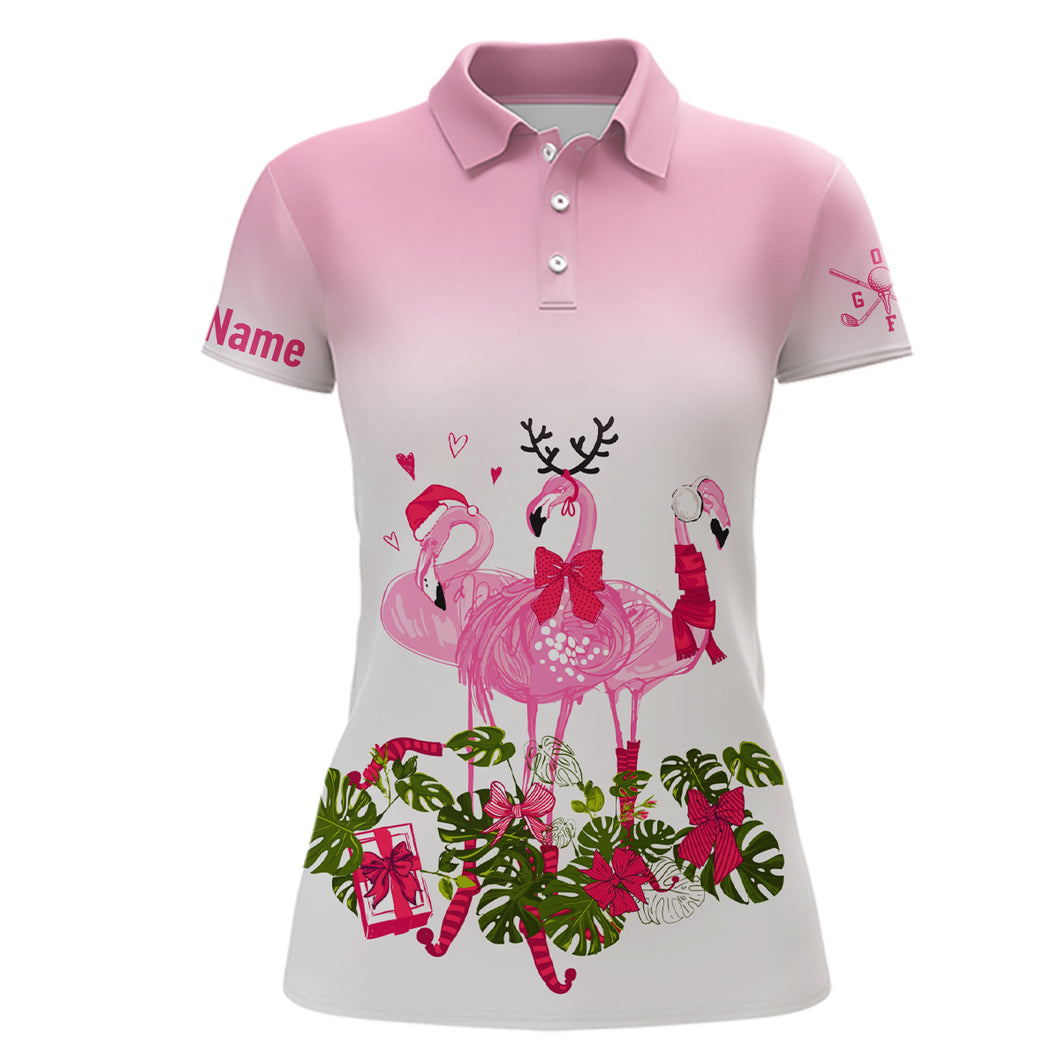 Personalized Pink Christmas Flamingo Womens Golf Polo Shirt Custom Cute Golf Shirts For Women LDT0753