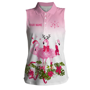 Personalized Pink Christmas Flamingo Womens Sleeveless Polo Shirt Custom Cute Golf Shirts For Women LDT0753