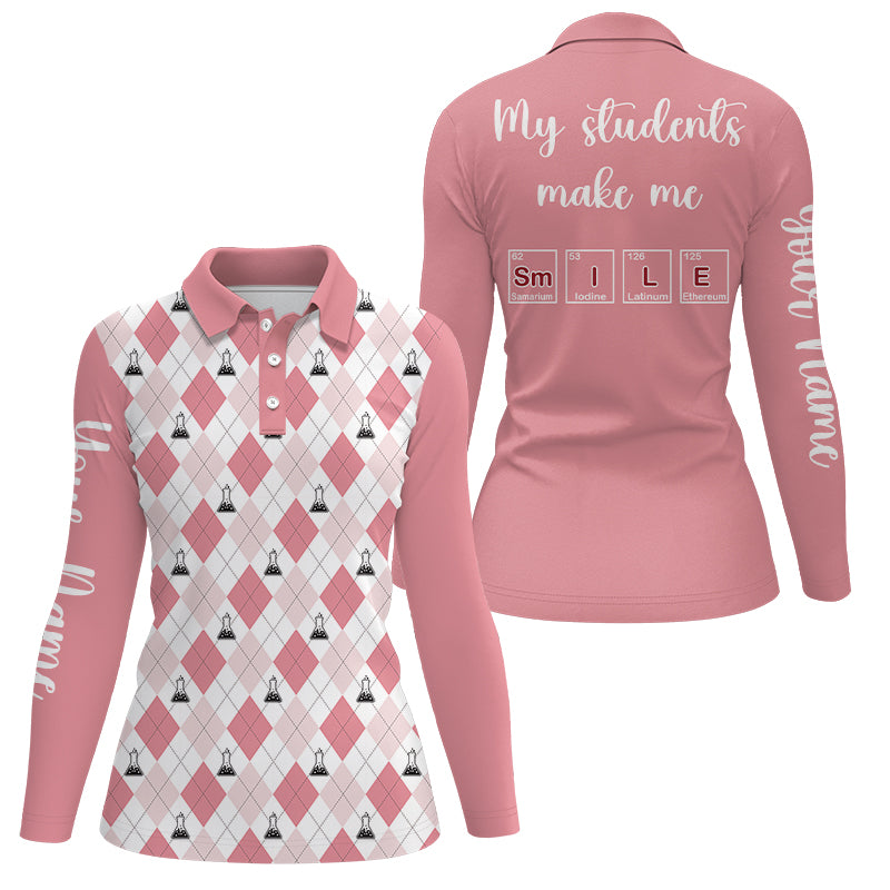 Science Pink Argyle Pattern, My Students Make Me Smile Women 3D Polo Shirt Golf Shirt For Women LDT0006