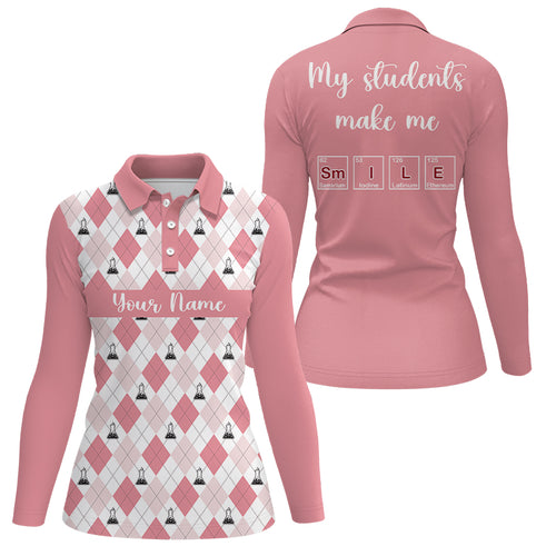 Science Pink Argyle Pattern My Students Make Me Smile Women Custom Golf Polo Shirt Golf Gifts LDT0007