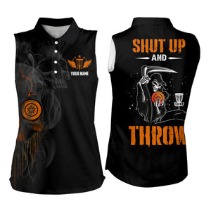 Shut Up And Throw Smoky Skull Orange Sleeveless Disc Golf Polo Shirts Halloween Golf Gifts For Women LDT0450