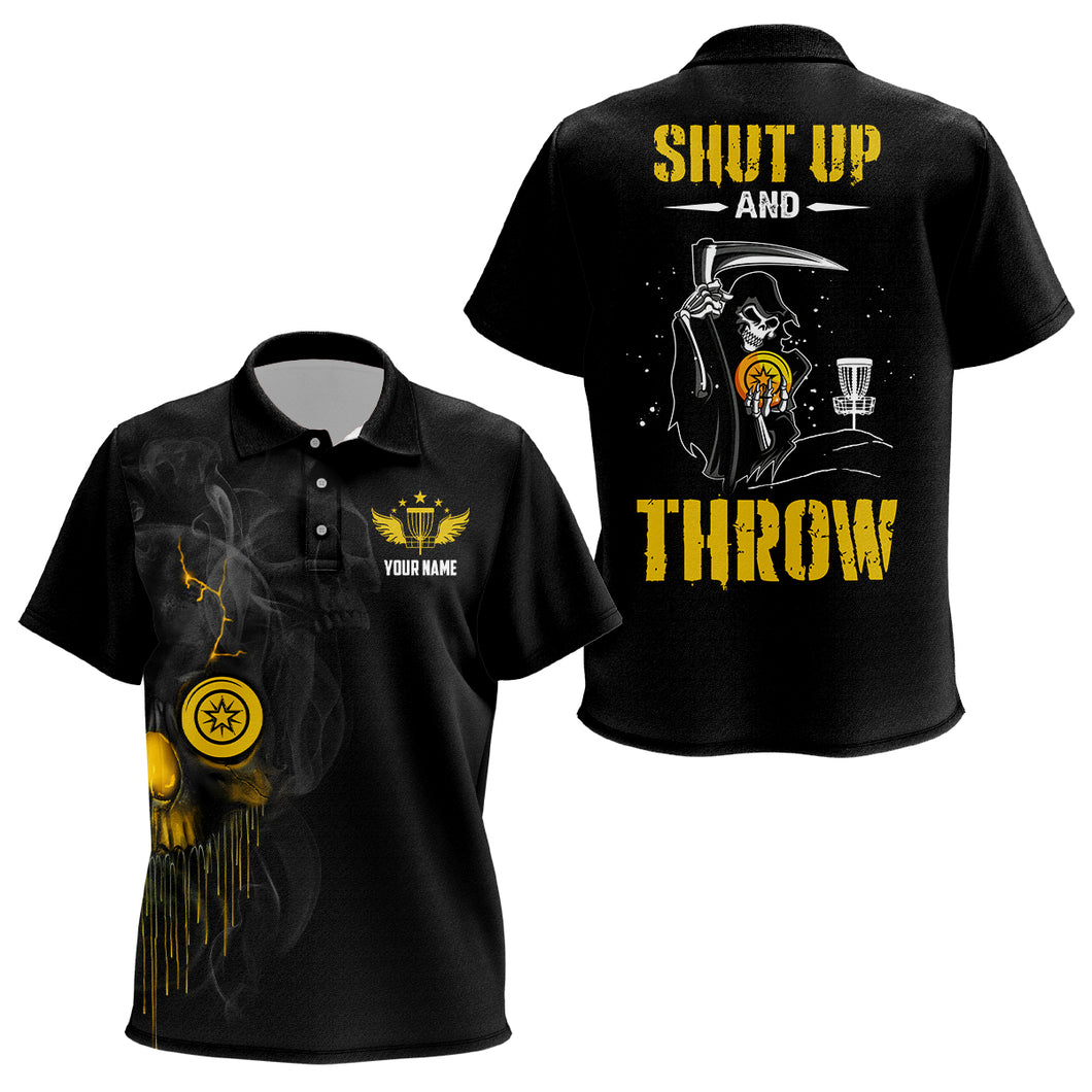 Custom Shut Up And Throw Smoky Skull Yellow Disc Golf Kids Polo Shirts Scary Golf Gifts For Kid LDT0451