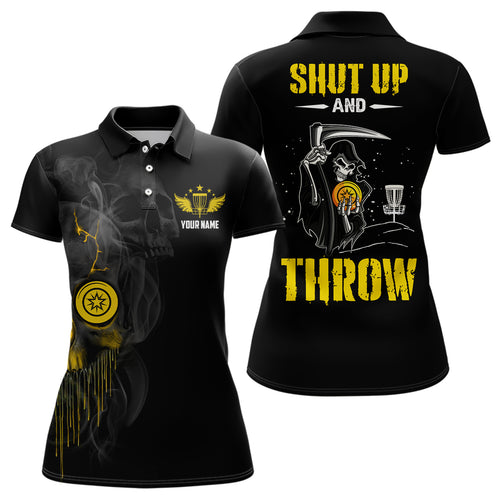 Custom Shut Up And Throw Smoky Skull Yellow Disc Golf Polo Shirts Scary Golf Gifts For Women LDT0451