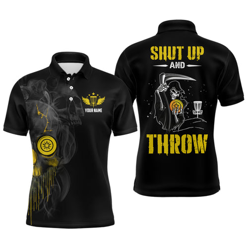 Custom Shut Up And Throw Smoky Skull Yellow Mens Disc Golf Polo Shirts Scary Golf Gifts For Men LDT0451